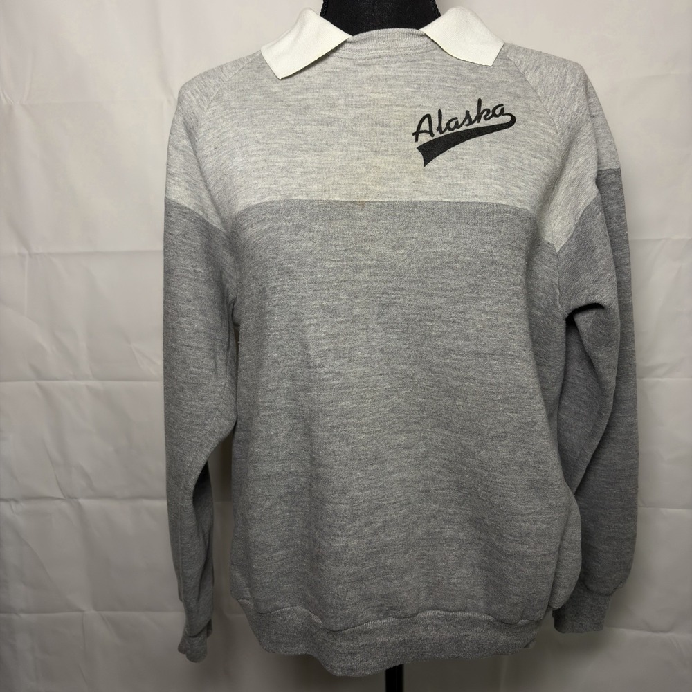 Vintage 1980s Alaska Colorblock Collared Sweatshirt Gray White Made in USA Large